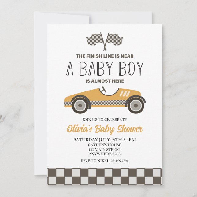 Invitation Baby Shower Voiture de Course Jaune (Devant)