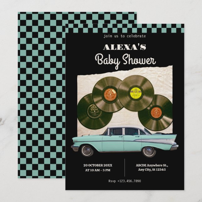 Invitation Baby shower voiture rétro classique (Devant / Derrière)