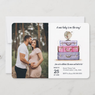 Invitation Baby shower Voyage Rose violet valise