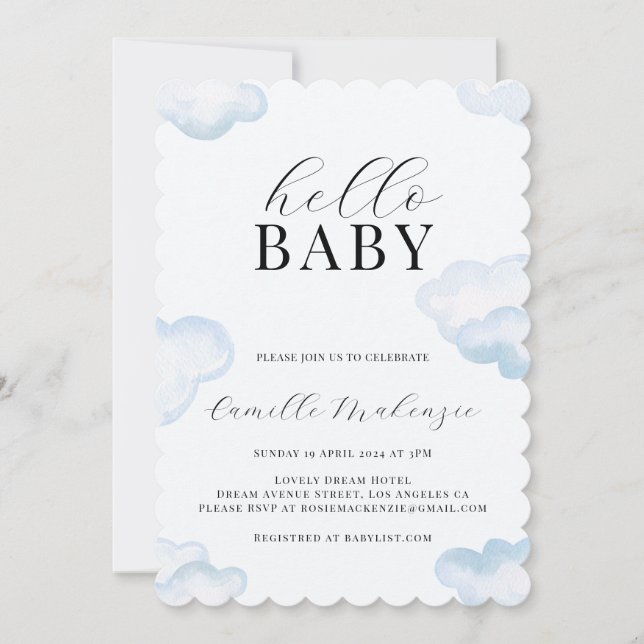 Invitation Baby shower Watercolor Blue Cloud (Devant)