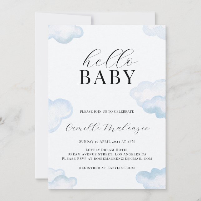 Invitation Baby shower Watercolor Blue Cloud (Devant)