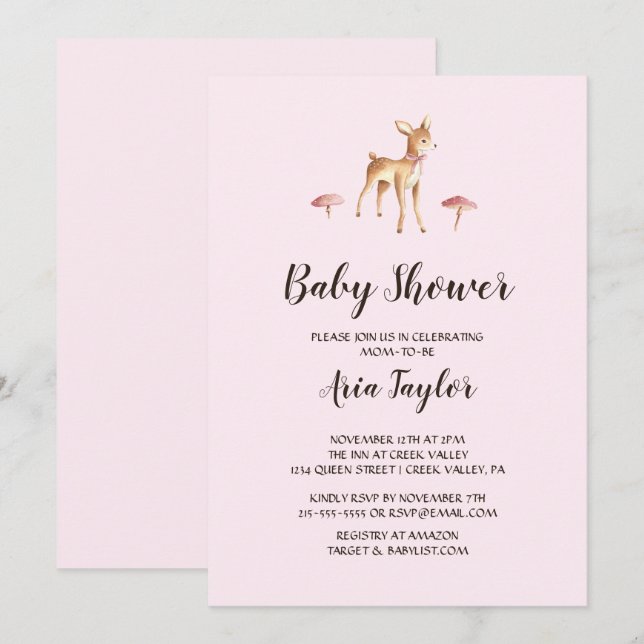 Invitation Baby shower Watercolor Girl Deer with Mushrooms (Devant / Derrière)