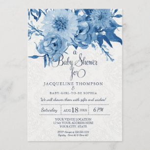 Invitation Baby shower Watercolor Navy Blue n White Floral