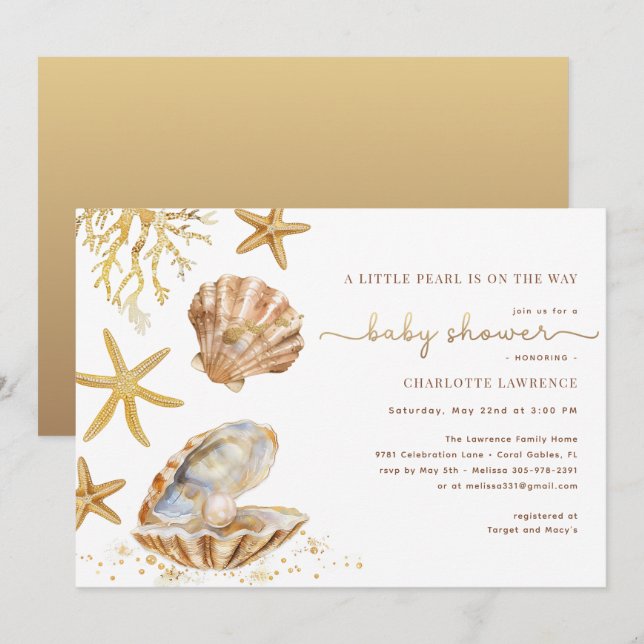 Invitation Baby shower Watercolor Ocean Little Pearl (Devant / Derrière)