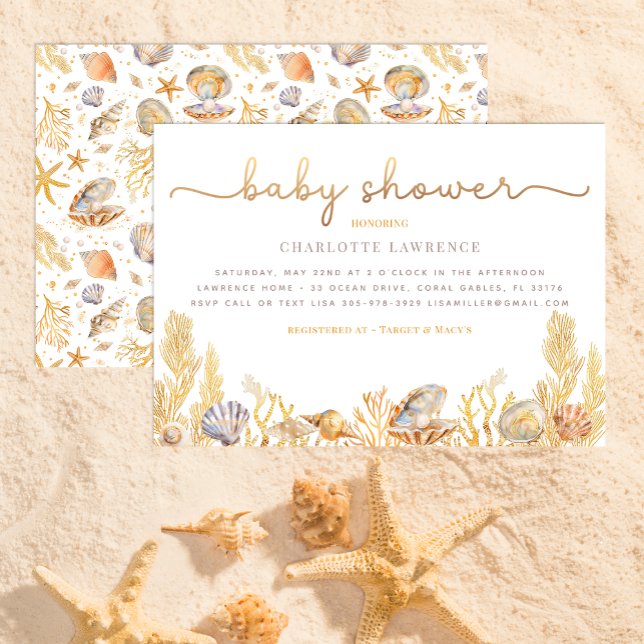 Invitation Baby shower Watercolor Ocean Little Pearl (Beach Baby Shower Invitation)