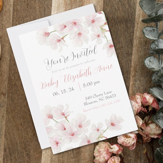Invitation Baby shower Watercolor Rose Cherry Blossoms (Créateur téléchargé)