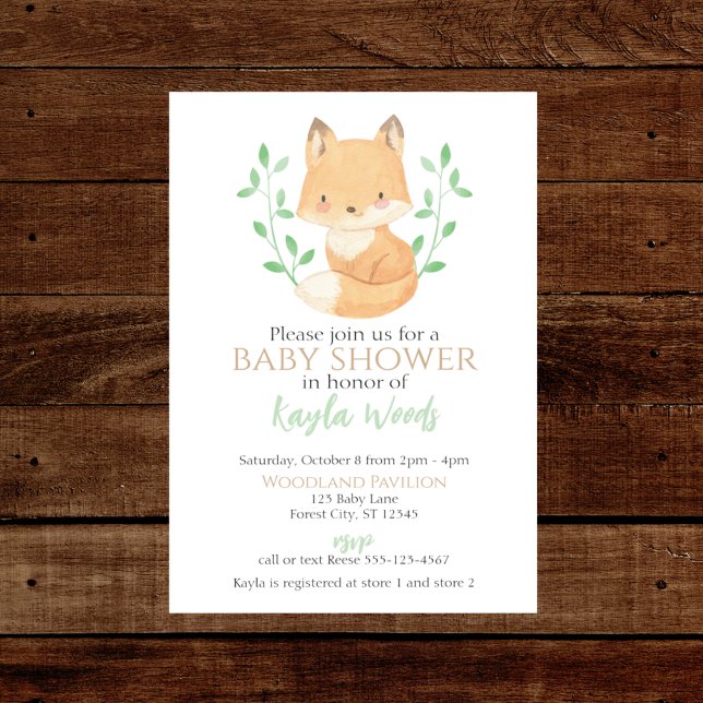 Invitation Baby shower Watercolor Woodland Fox (Créateur téléchargé)
