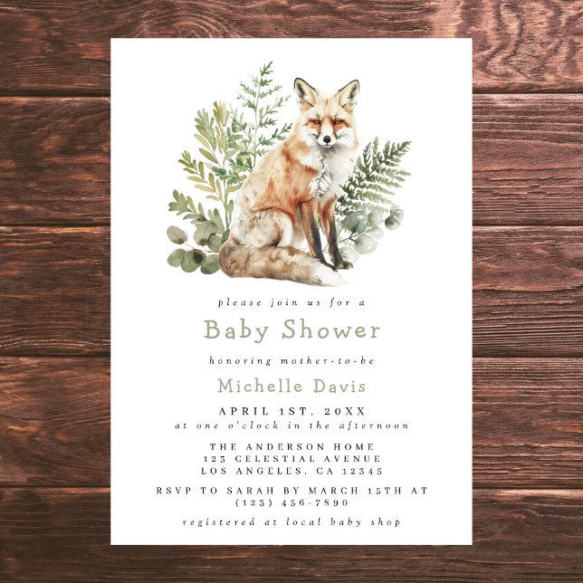 Invitation Baby shower Watercolor Woodland Fox (Créateur téléchargé)