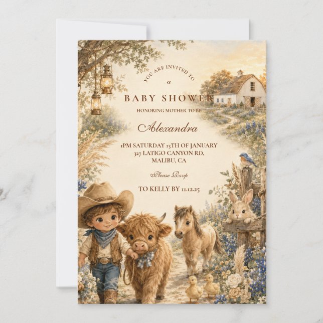 Invitation Baby Shower Western Boho Garçon Rustique (Devant)