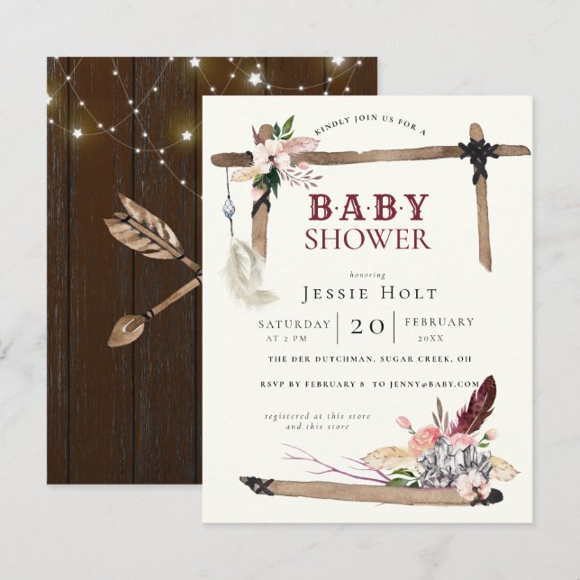 Invitation Baby shower Western Boho Style2 (Devant / Derrière)