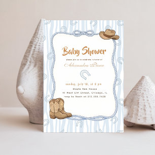 Invitation Baby Shower Western Cowboy Carreaux Bleus Vintage