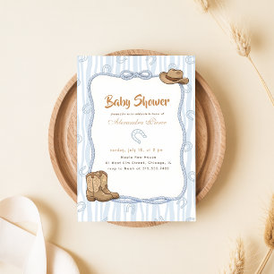 Invitation Baby Shower Western Cowboy Gingham Bleu