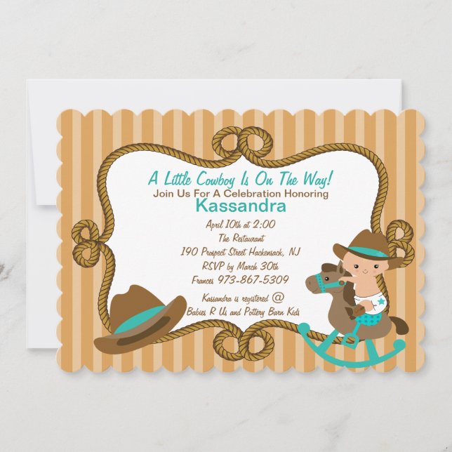 Invitation Baby shower Western Little Green Cowboy (Devant)