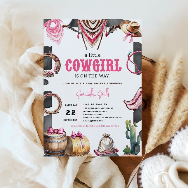 Invitation Baby shower Western Pink Watercolor (Western Pink Wild West Country Watercolor Coquette Cowgirl Rodeo Baby Shower Invitation)