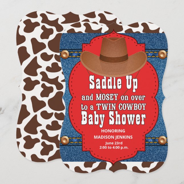 Invitation Baby shower Western Twin Cowboys (Devant / Derrière)