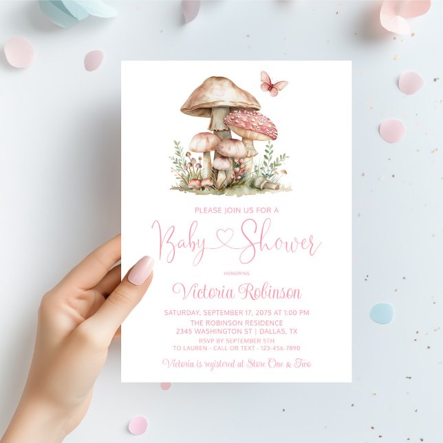 Invitation Baby shower Whimsical aux champignons roses (Girl mushroom and butterfly baby shower invitation. Simply add your event details. )
