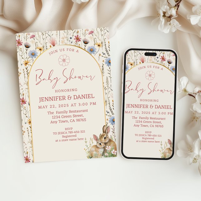 Invitation Baby shower Whimsical Beige Fleur sauvage Bunnies (Créateur téléchargé)