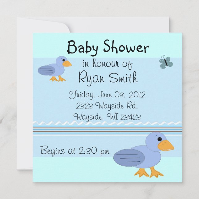 Invitation Baby shower Whimsical Blue Ducks (Devant)