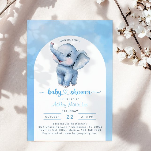 Invitation Baby shower Whimsical Blue Elephant - W (Blue Watercolor Baby Shower Invite)