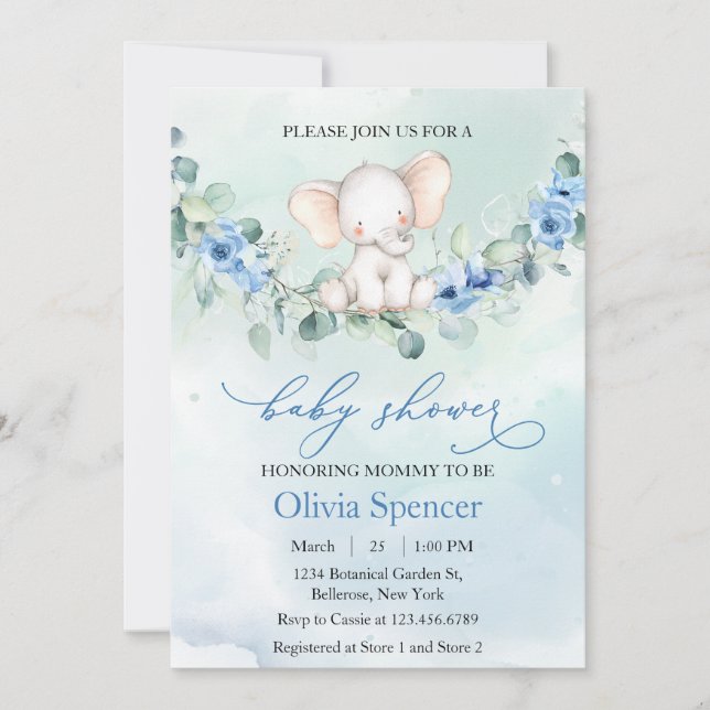 Invitation Baby shower Whimsical Blue Floral Elephant (Devant)
