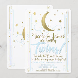 Invitation Baby shower Whimsical Blue Gold Moon Stars Twins
