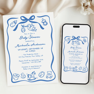 Invitation Baby shower Whimsical Boy Doodle Levé Main Bleue