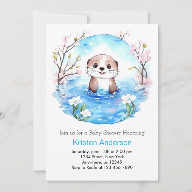Invitation Baby shower Whimsical Boy Otter Aquarelle (Devant)