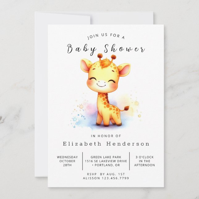 Invitation Baby shower Whimsical Custom Giraffe (Devant)