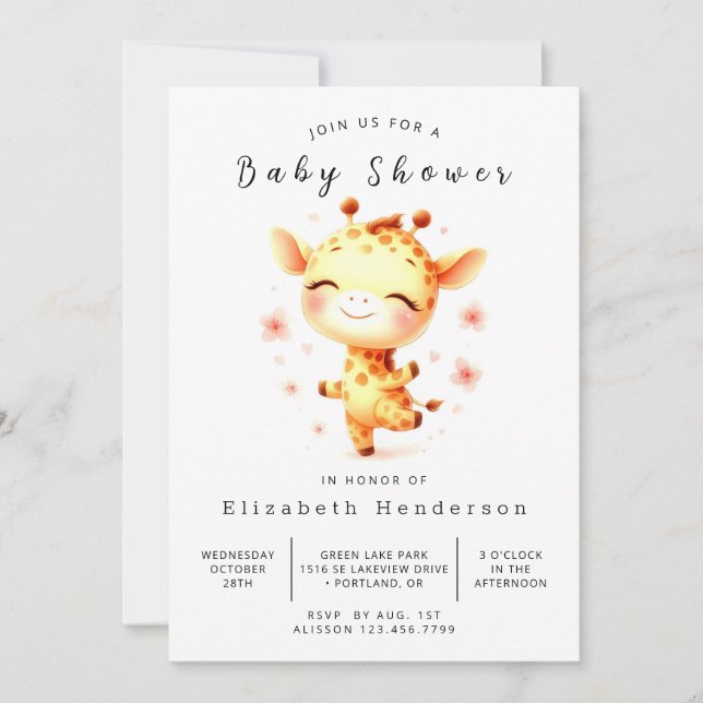 Invitation Baby shower Whimsical Custom Giraffe (Devant)