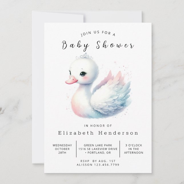 Invitation Baby shower Whimsical Custom Swan (Devant)