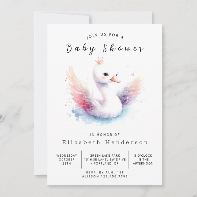 Invitation Baby shower Whimsical Custom Swan (Devant)