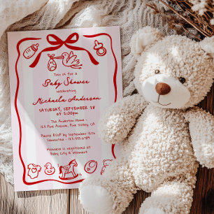 Invitation Baby shower Whimsical de Doodle rouge et rose à ma