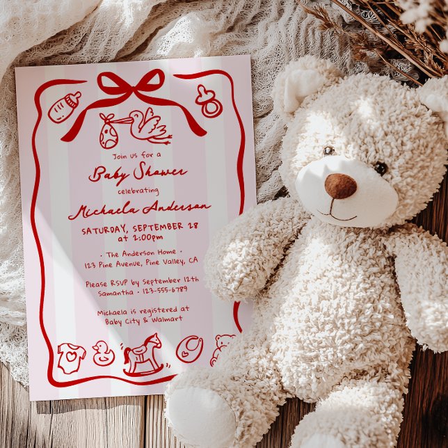 Invitation Baby shower Whimsical de Doodle rouge et rose à ma (Créateur téléchargé)