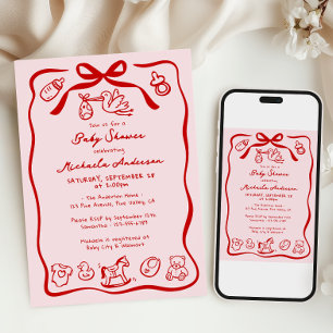 Invitation Baby shower Whimsical de Doodle rouge et rose à ma