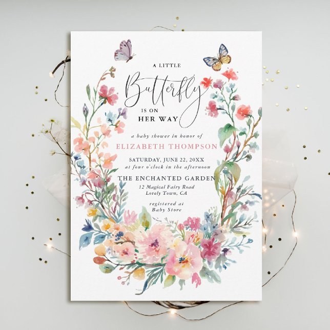 Invitation Baby shower Whimsical des petits Fleurs sauvages p (butterfly baby shower invitation enchanted garden woodland forest bird spring summer whimsical roses)