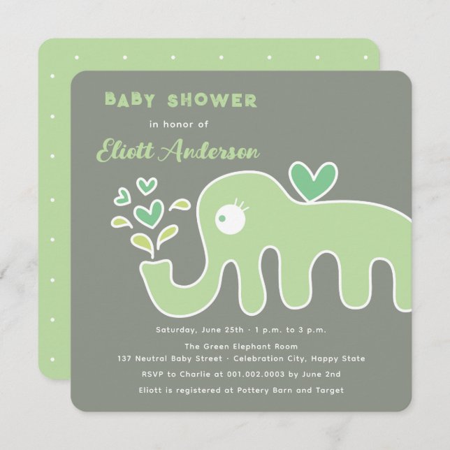 Invitation Baby shower Whimsical Eléphant Cartoon Vert (Devant / Derrière)
