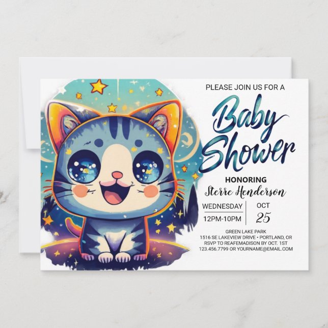 Invitation Baby shower Whimsical Enchanted Kitty (Devant)