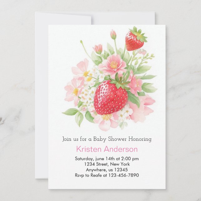 Invitation Baby shower Whimsical Fille Fraise (Devant)