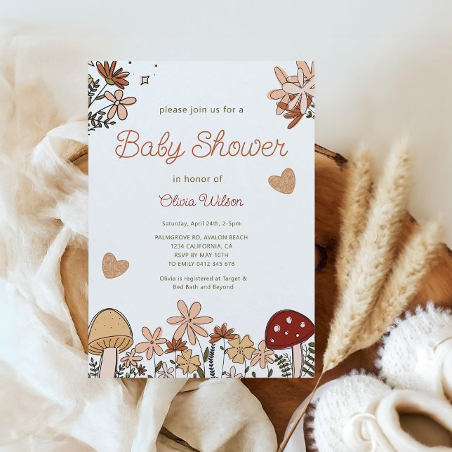 Invitation Baby shower Whimsical Fleur sauvage Champignons (Whimsical Rustic cottagecore Wildflowers Mushroom Baby Shower invitation)