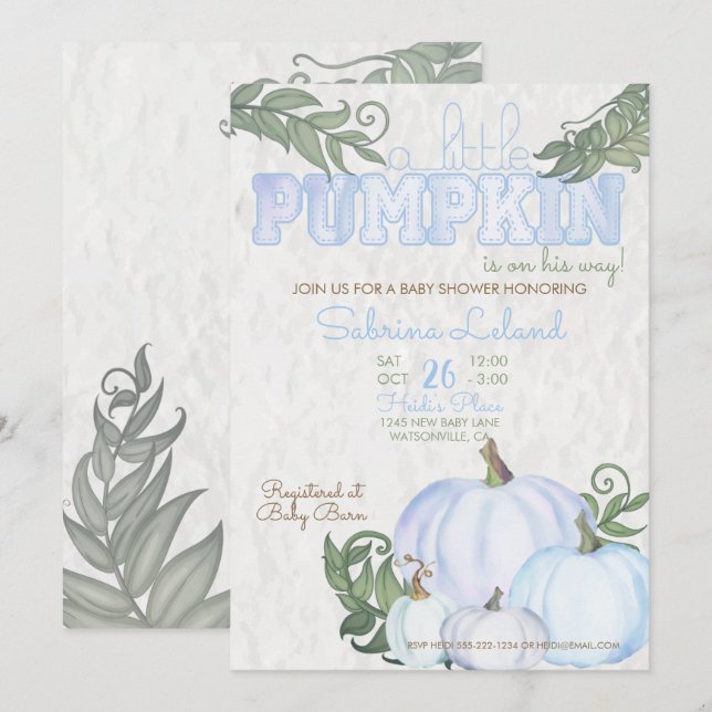 Invitation Baby shower Whimsical Little Citrouille Blue Boy (Devant / Derrière)