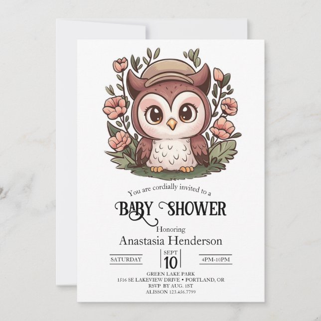 Invitation Baby shower Whimsical Lovely Owl (Devant)