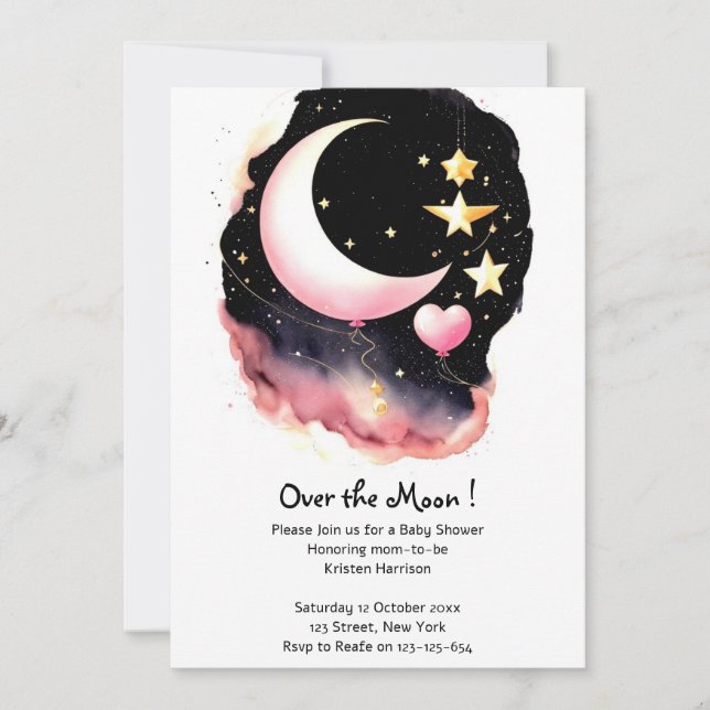 Invitation Baby shower Whimsical Moon & Stars Watercolor (Devant)