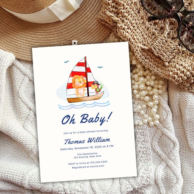 Invitation Baby shower Whimsical Nautical Wild Lion (Whimsical Nautical Wild Lion Sailboat Baby Shower Invitation)
