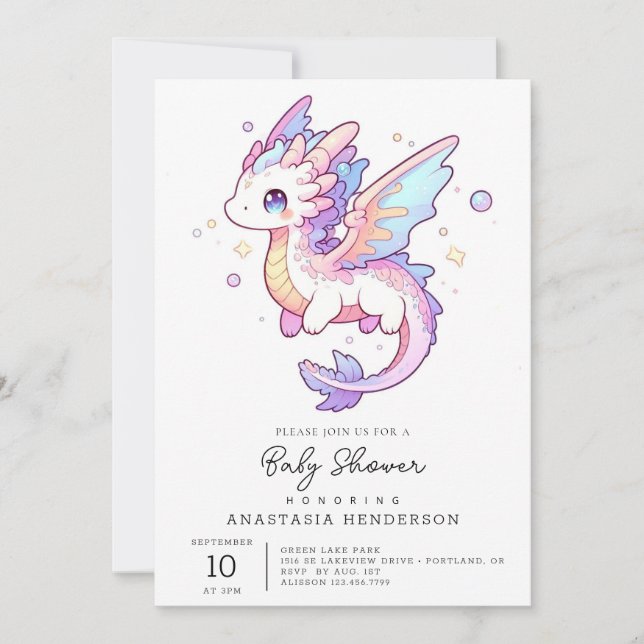 Invitation Baby shower Whimsical Pastel Dragon (Devant)
