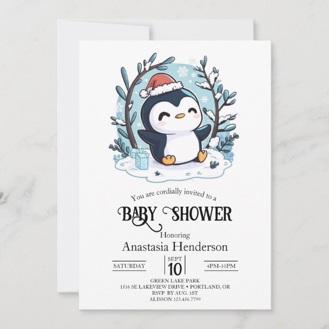 Invitation Baby shower Whimsical Petit Penguin (Devant)
