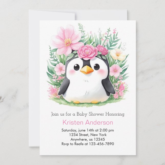 Invitation Baby shower Whimsical Pink Penguin Paradise (Devant)