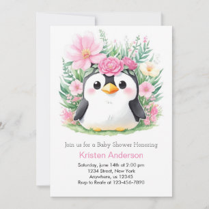 Invitation Baby shower Whimsical Pink Penguin Paradise
