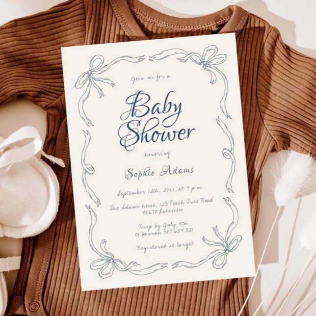 Invitation Baby shower Whimsical Quirky Main Tirée Bleu Bow (Créateur téléchargé)