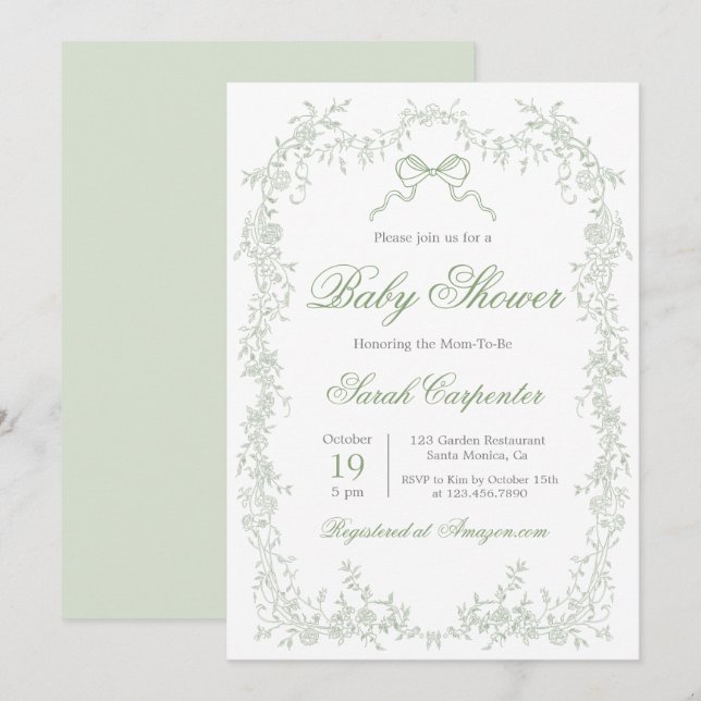 Invitation Baby shower Whimsical Sage Green (Devant / Derrière)