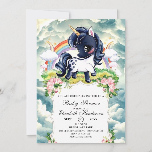 Invitation Baby shower Whimsical Simple Noir Unicorn (Devant)